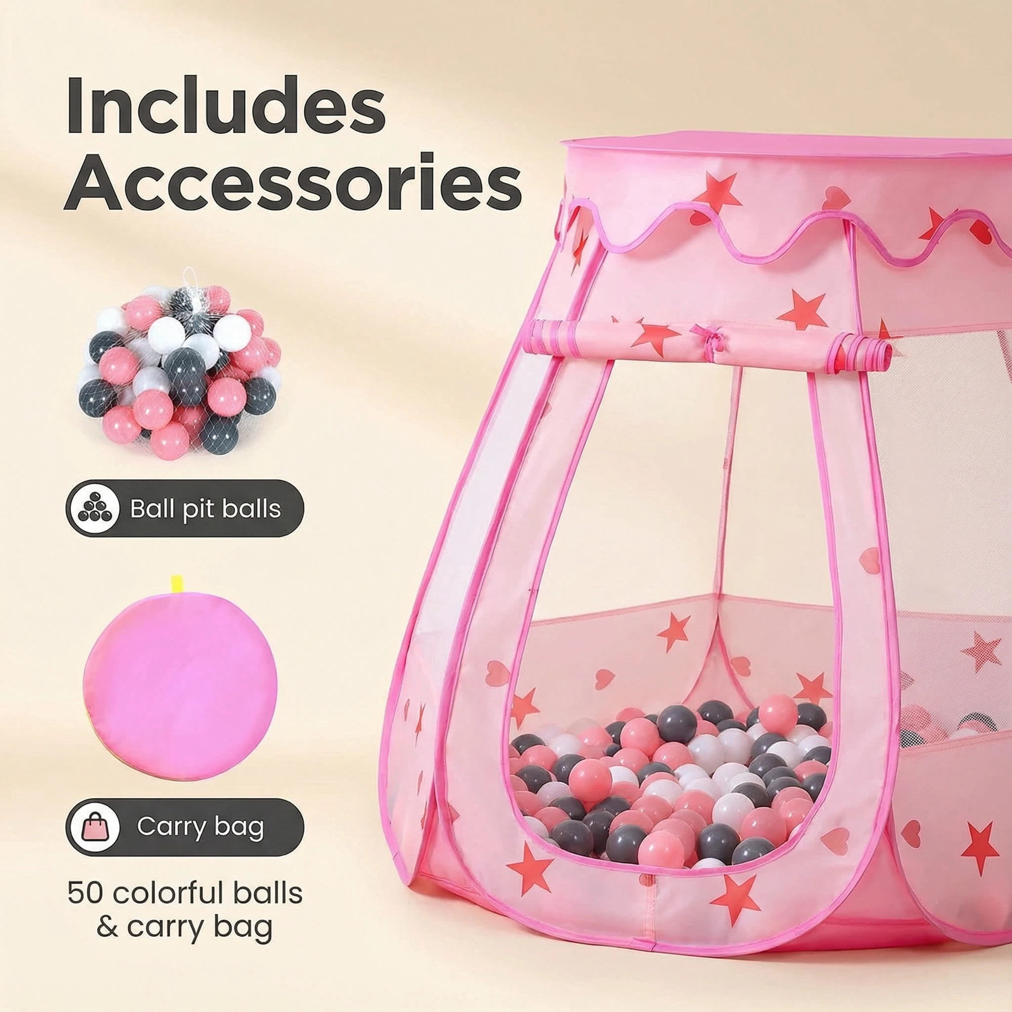 PigPigPen Princess Pop up Ball Pit for Toddlers with 50 Balls and Carry Bag, Pink/White/Gray