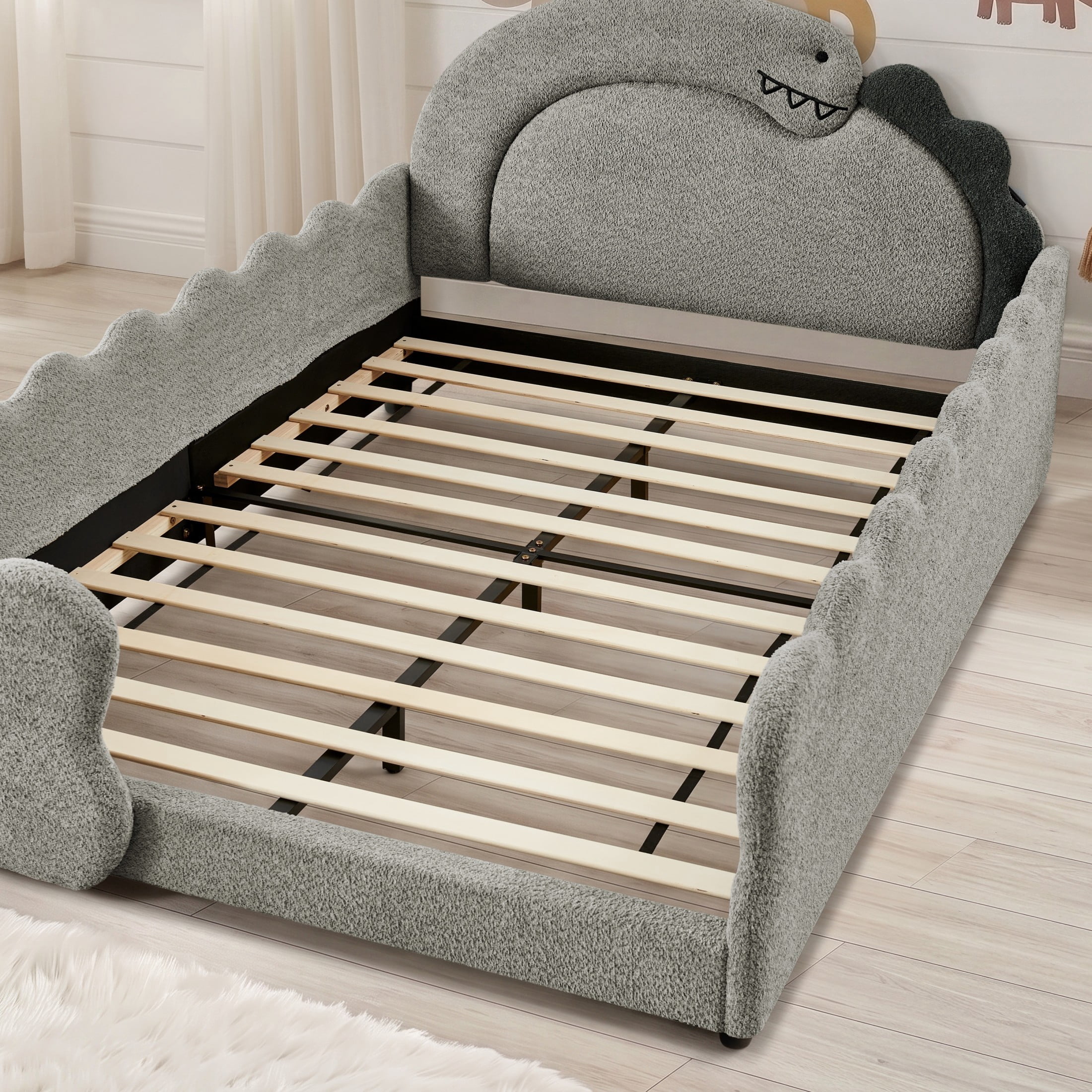 GDF Studio Full Size Cute Dinosaur Bed with Safety Guardrails & Solid Wood Frame, Boucle Fabric Upholstered Bed, Grey
