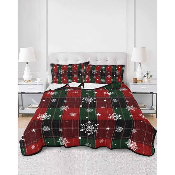 Quilts Queen Size, Buffalo Plaid Christmas Soft Comforter Bedding Set for Bed, Xmas Snowflake Red Green Lightweight Quilted Bedspread with Pillow Cover(2 Pieces) for All Season, 90x96 Inch