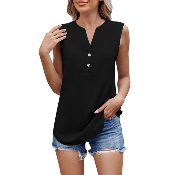 Tiqkatyck Tank Tops for Women Trendy Women's 2025 Spring and Summer New Solid Color V Neck Button Sleeveless Chiffon Vest Women's Vest Sleeveless Tunic Tops Summer Tops for Women Black L