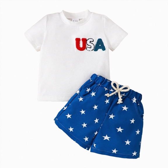 NOLDARES Toddler Baby Boy Outfit Short Sleeve Round Neck T-Shirt and Elastic Waist Shorts 2Pcs Summer Clothes for 4th of July and American Flag(White,18-24 M)