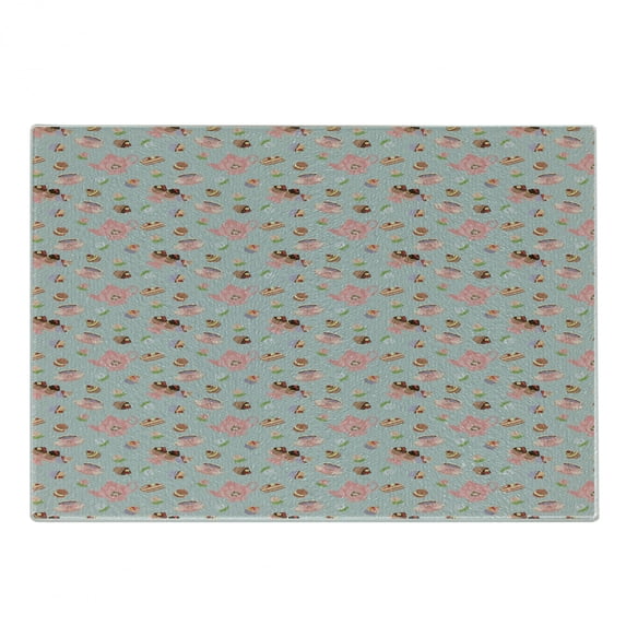 Tea Party Cutting Board, Cupcakes Cookies and Flowers on Polka Dotted Background Britain Tradition, Decorative Tempered Glass Cutting and Serving Board, Small Size, Multicolor, by Ambesonne