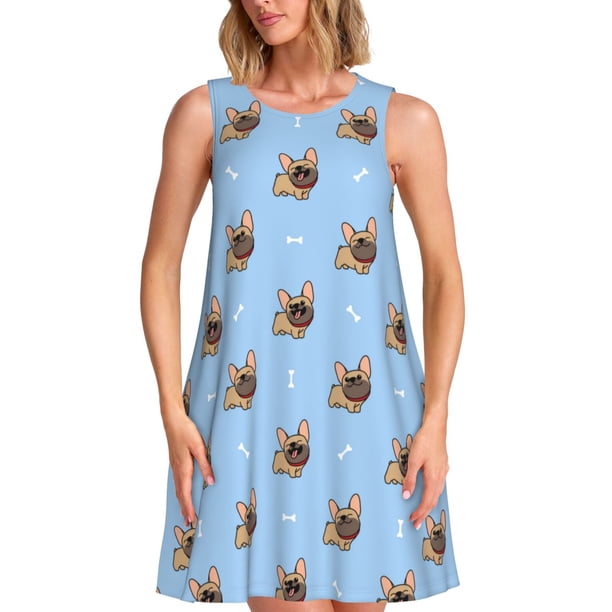 Fotbe Brown French Bulldog Vestido de Verano sin Mangas para Mujer – Vestido Midi Línea A, Estilo Camiseta Floral, Vestido Playero Casual y Fluido