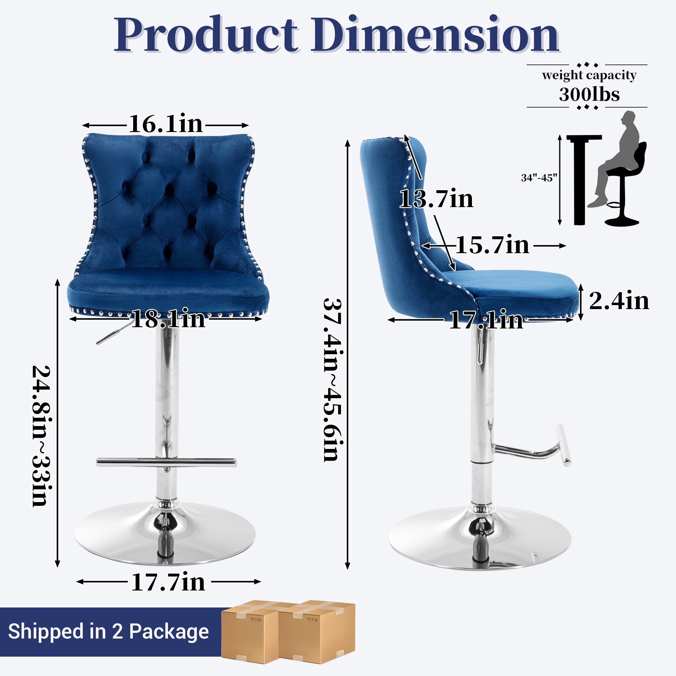 PAPROOS Bar Stools Set of 4, 360°Velvet Swivel Barstools with Backs, Chrome Base, Adjustable Seat Height from 25-33 inch, Counter Height Bar Chairs for Kitchen Island, Home Bar, Blue