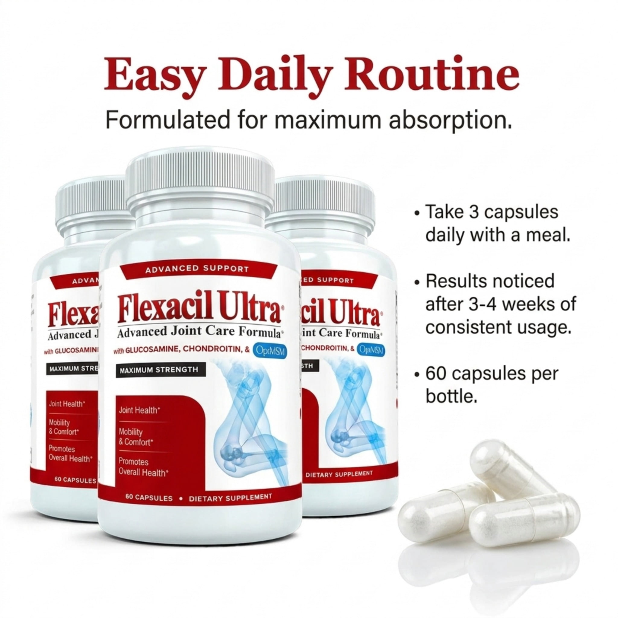 Flexacil Ultra (2 Bottles) Joint Support Supplement with Glucosamine, Chondroitin & MSM, 120 caps
