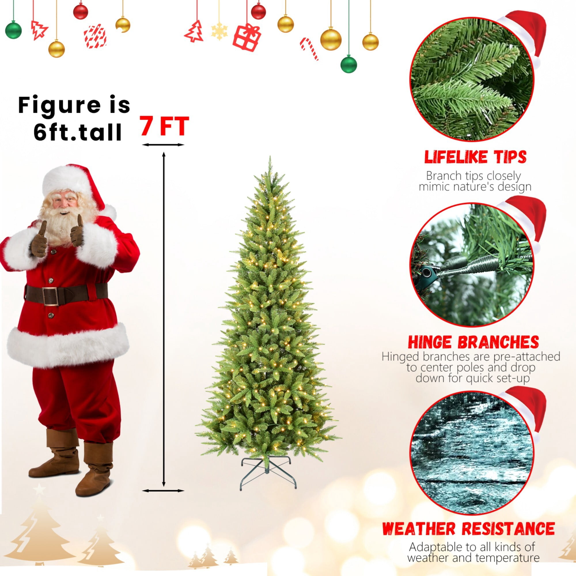 DEALTOPS 6 FT Pre-Lit Slim Christmas Tree with 300 Warm White LED Lights and 850 Realistic PE/PVC Tips