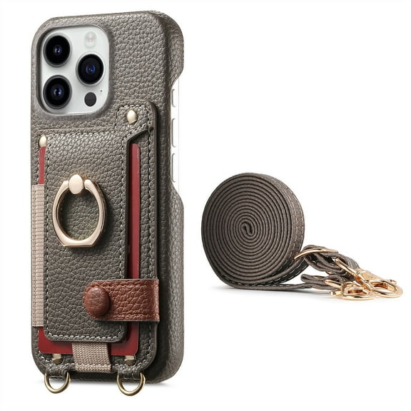 For iPhone 14 Pro Phone Case,With 360° Rotatable Ring Kickstand,Detachable Long Shoulder Strap,Card Slots,Shockproof Anti-fall PU Leather Anti-Scratch Back,Durable Wallet Phone Case,Gray
