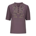 thumbnail image 3 of Women's Embroidered Blouses Cotton Linen Puff Short Sleeve Mock V Neck Boho Peasant Tops Casual Loose Fit T Shirts, 3 of 4