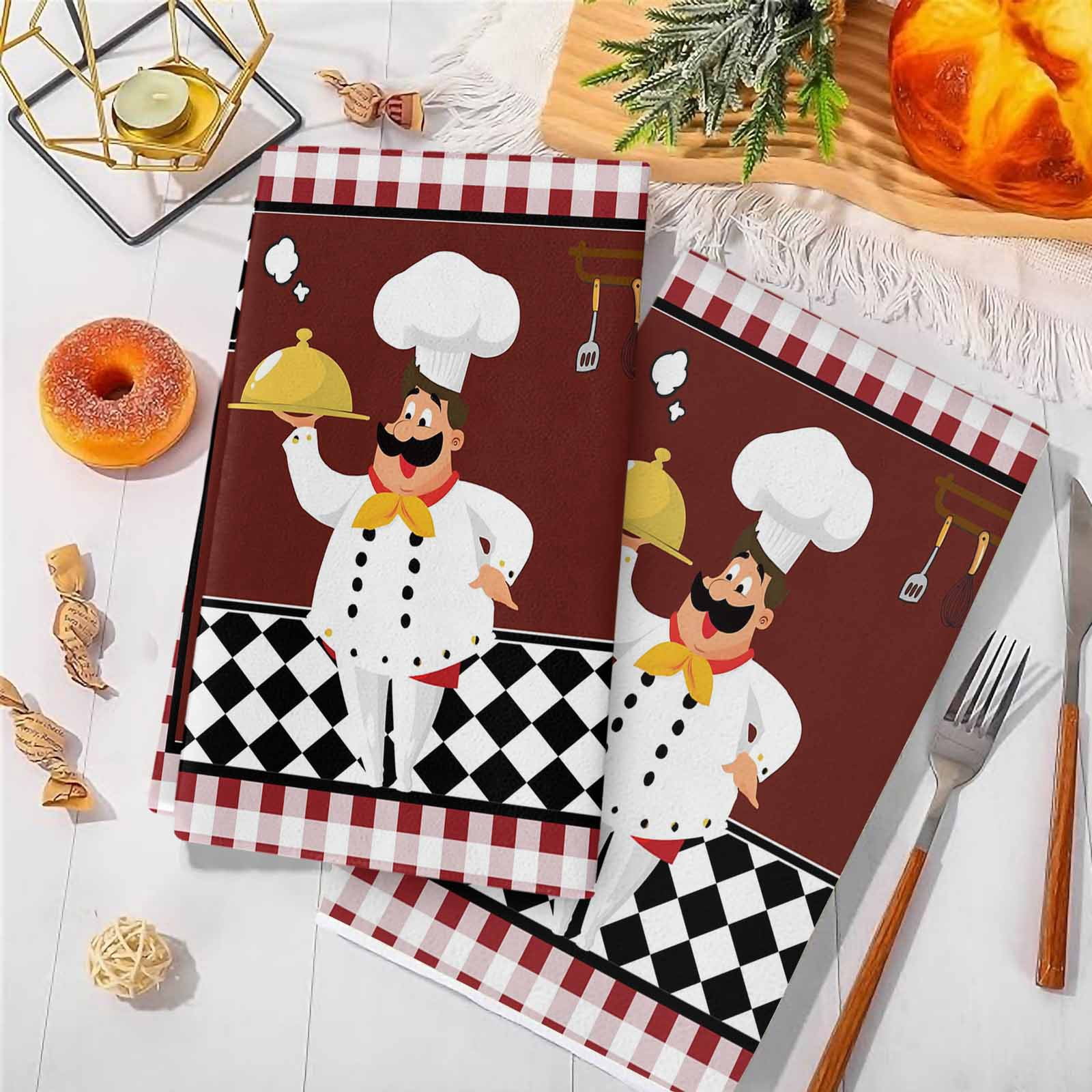 Fat Chef Kitchen Towels Set of 3, Red Gourmet Kitchen Red Black Buffalo Plaid Soft Microfiber Dish Towels, Absorbent Quick-Dry Washable Dishcloths for Kitchen Cleaning, Drying Dishes, 18x28 Inches