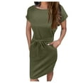 thumbnail image 6 of up to 60% off Gifts Usmixi Formal Dresses for Women Casual Pocket Swing A Line Knee-Length Dresses with Belt Crewneck Short Sleeve Solid Summer Midi Dress Army Green l, 6 of 6
