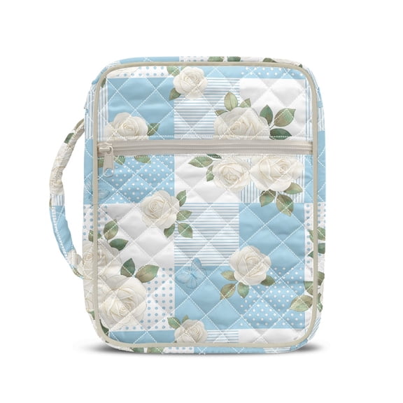 HELLHERO Blue Patchwork Rose Print Quilted Bible Case for Scripture Study, Polyester Fabric Quilted Bible Cover with Zipper Portable Bible Cover Case
