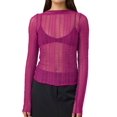 thumbnail image 2 of Women Sexy- See Through Long Sleeve T-Shirts Mesh Sheer Skinny Rib Scalloped Trim Tees Blouse Top Outfits Rose Red L, 2 of 9