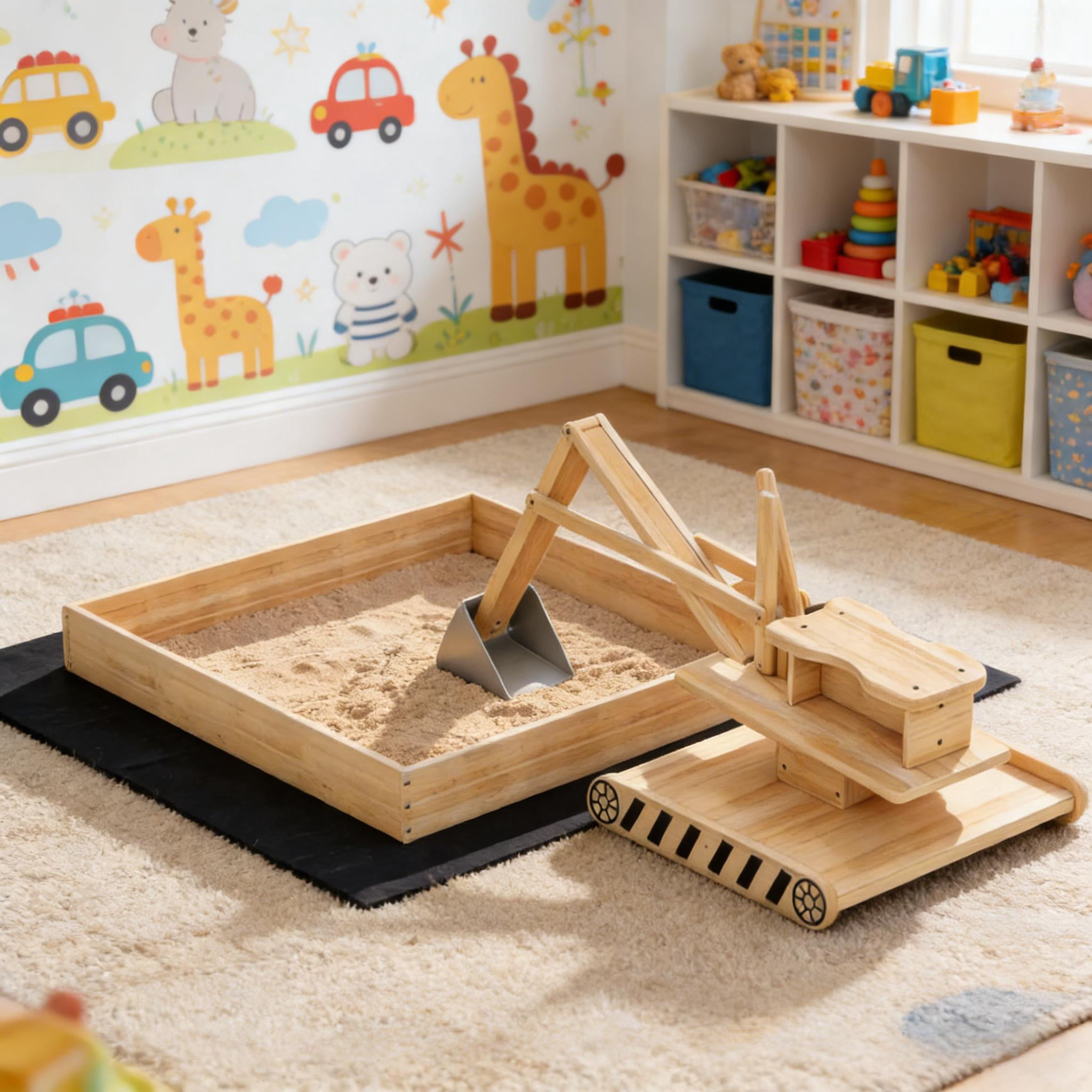 Kids Wooden Sandbox with 360° Rotating Digger, Large Fir Wood Sand Pit with Non-Woven Liner, Holds 440 Lbs Sand, Outdoor Play Construction Toy for Children Ages 3-6