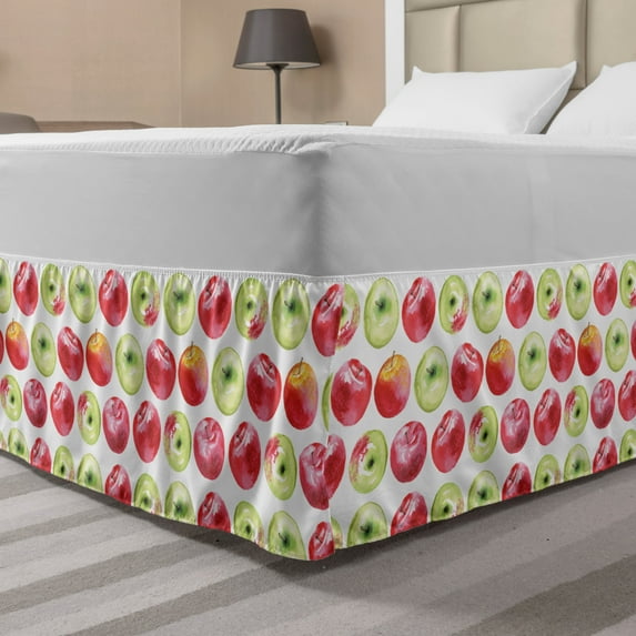 Apple Bed Skirt, Watercolor Macoun Cameo and Granny Smith Drawing in Agricultural Yield Pattern, Elastic Bedskirt Dust Ruffle Wrap Around for Bedding Decor, 4 Sizes, Apple Green Red, by Ambesonne