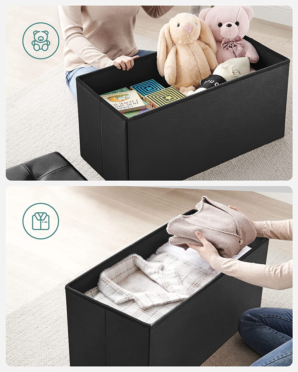 SONGMICS 30" Folding Storage Ottoman Bench Faux Leather Ottoman Footrest Black