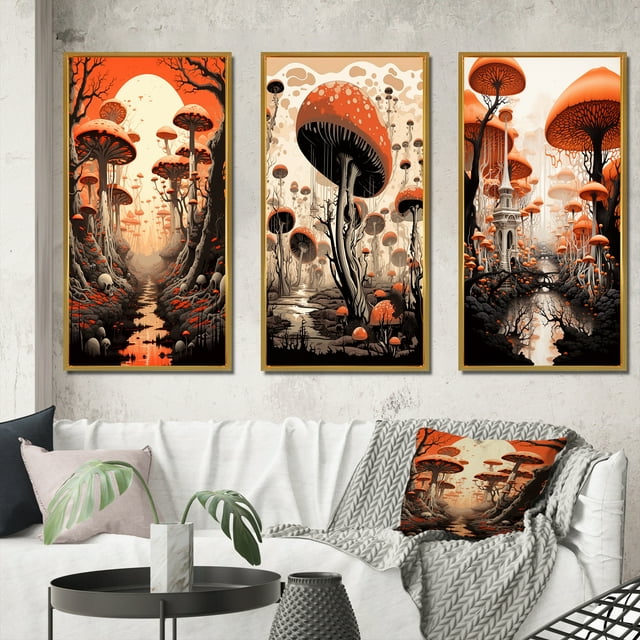 Designart "Vintage Mushroom Magic Mystical Landscapes I" Abstract Landscape Framed Wall Art Set Of 3 - Orange Abstract Landscapes Frame Gallery Set For Office Decor