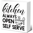 thumbnail image 1 of 5X5 Inch Funny Kitchen Wood Block Signs,Kitchen Always Open Self Serve Wooden Box Sign For Home Shelf Farmhouse Kitchen Tabletop Desk Decor,Country Kitchen Decor Sign, 1 of 5