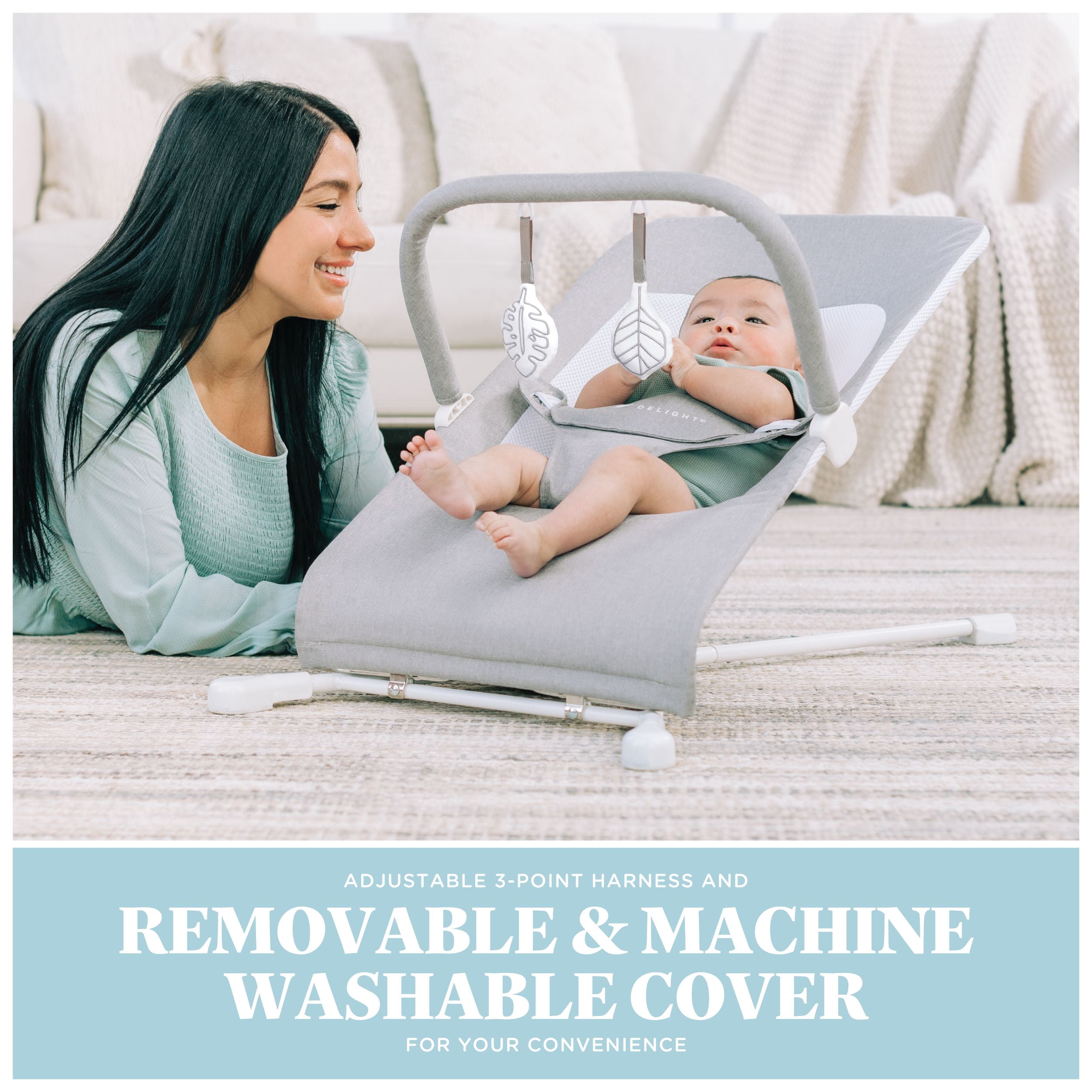 Baby Delight Highland Portable Baby Bouncer, 3-Position, Infants 0-6 Months, Pebble Grey (Unisex)