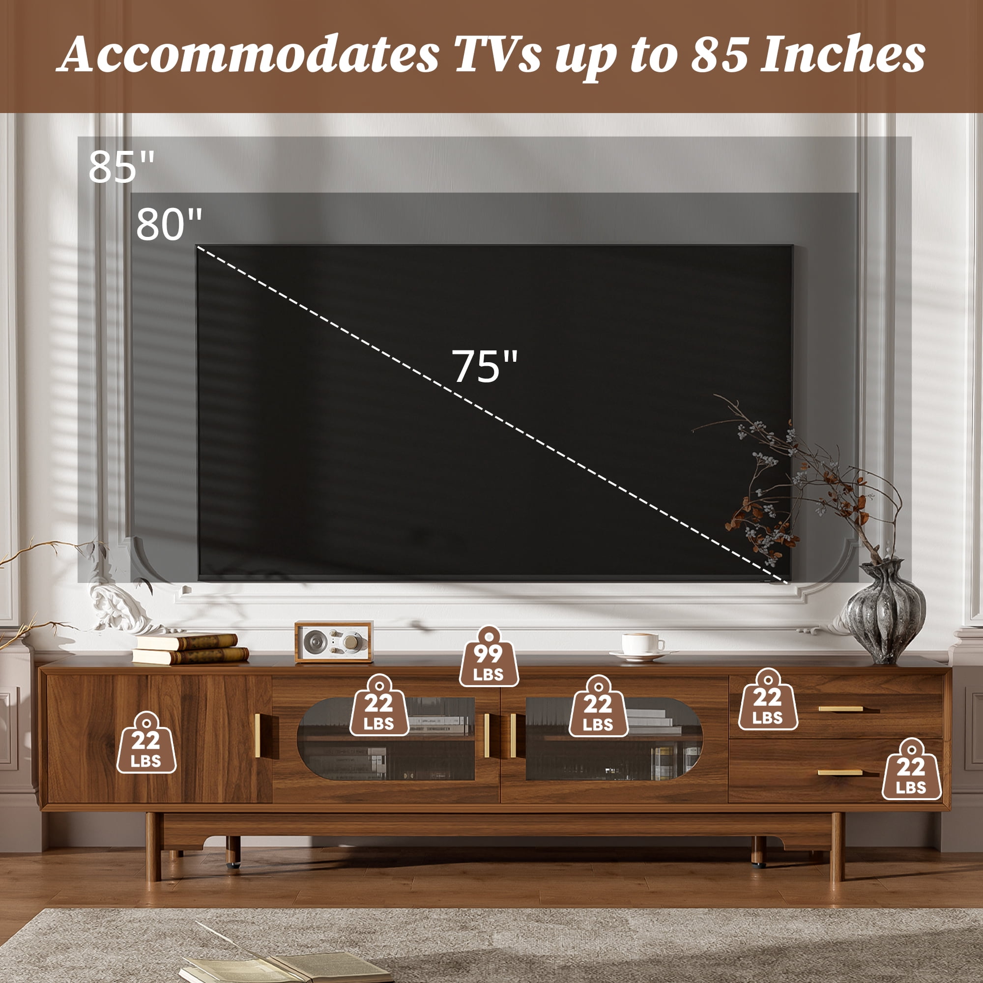 TV Stand for TVs up to 85 Inch, Entertainment Center with Fluted Glass Doors & 2 Drawers, Media Console with Solid Wood Legs for Living Room