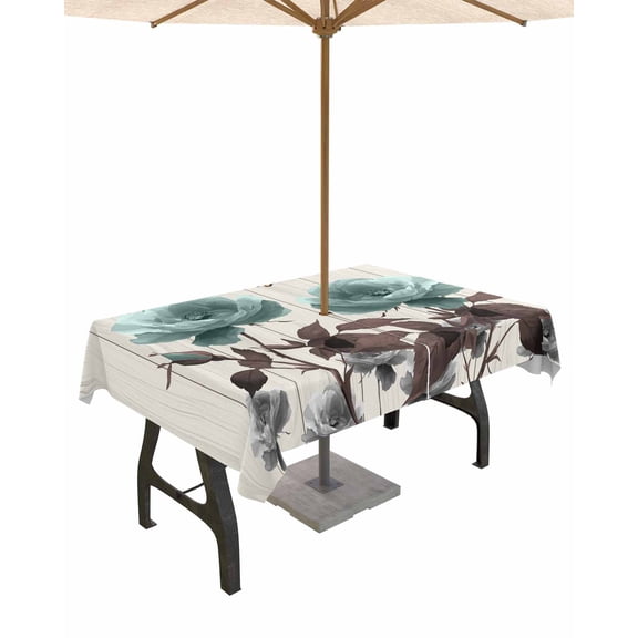 Outdoor Tablecloth with Umbrella Hole for Patio/Picnic/Party/Camping, Teal Flowers Waterproof Table Cloth Rectangle Table Cover Washable, Farmhouse Florals Butterfly Wooden Grain 60"x 102"