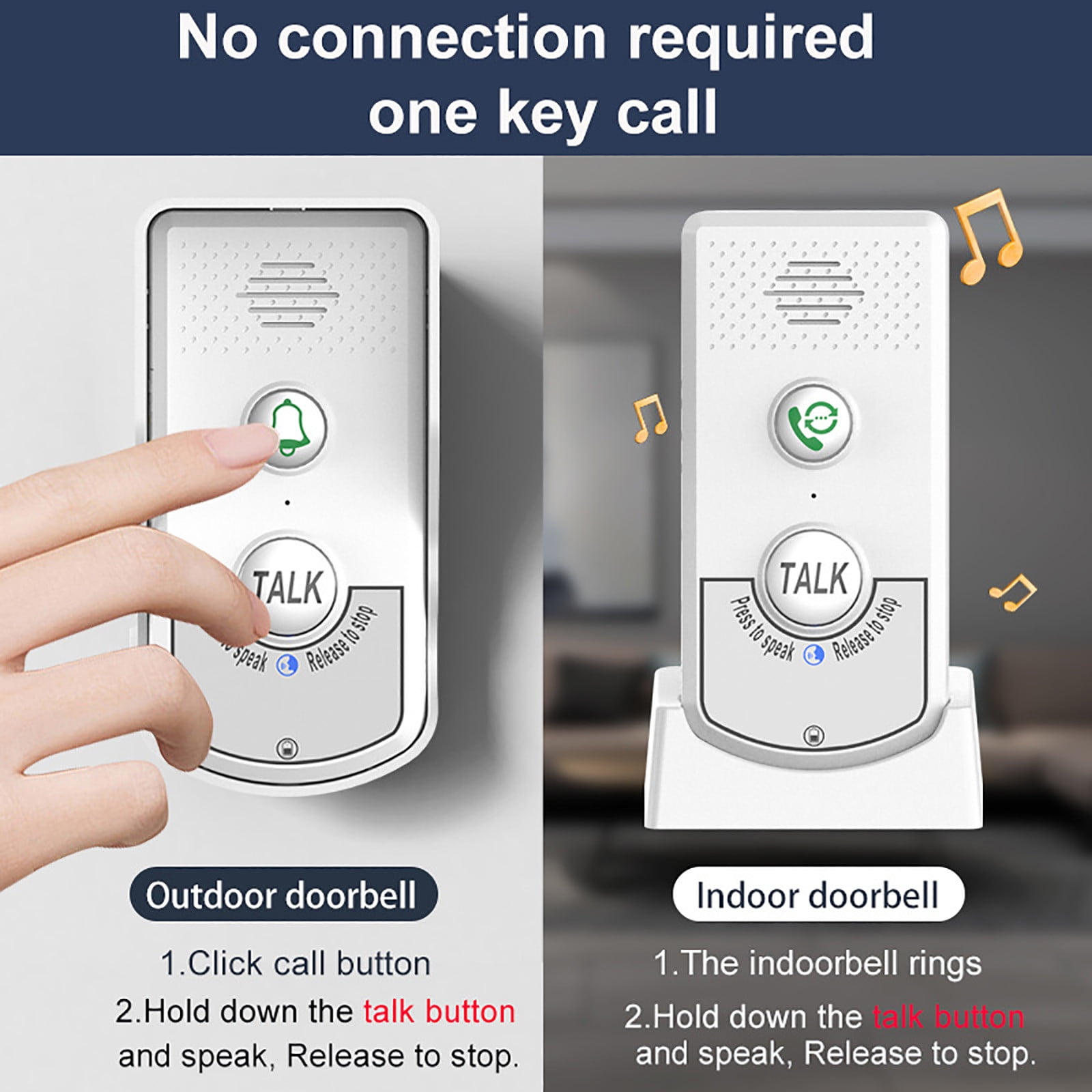 Foqnuq Wireless Voice Intercom Doorbell 1000m Range Two-way Intercom Rechargeable Long Standby 1-8 Floors Home Security System