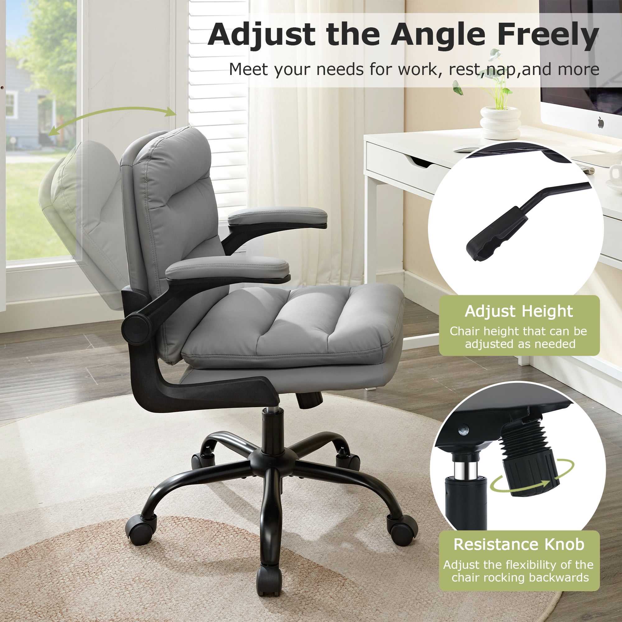 VECELO Ergonomic Office Chair, PU Leather Thick Padding Swivel Executive Computer Desk Chair With Upholstered Flip-Up Arms, Gray