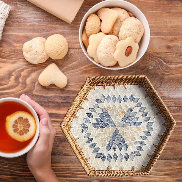 Hexagon Shape Rattan Serving Tray, Coffee Table Home Decorative Platter  Storage