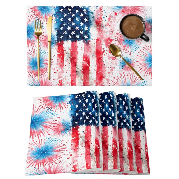 Independence Day Firework Placemats Set of 1, Abstract American Flag Red Blue Star Non-Slip Place Mats Washable Table Mats for Kitchen Dining Table Decorations Indoor/Outdoor