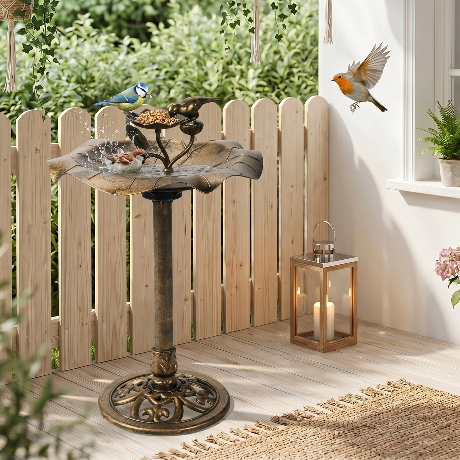 Resin Bird Bath With Lotus Edge & Feeder Tray, 50*50*86cm