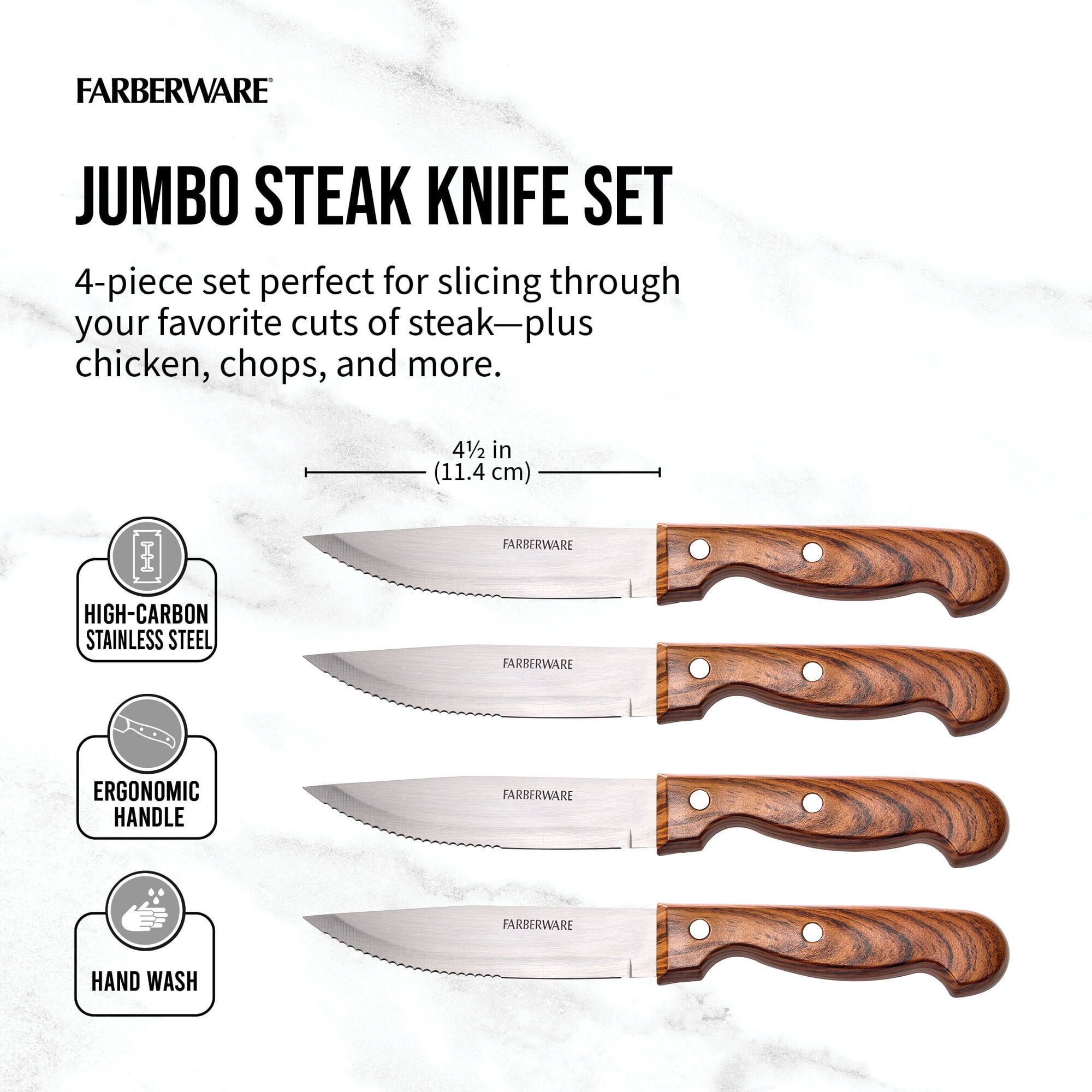 Farberware Classic 4-Piece Jumbo Dual Riveted Wood Inspired Steak Knife Set