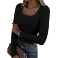 thumbnail image 4 of Aojekbee Women Long Sleeve T-Shirts Ribbed Solid Color Scoop Neck Casual Shirts Spring Fall Slim Fit Tops, 4 of 10