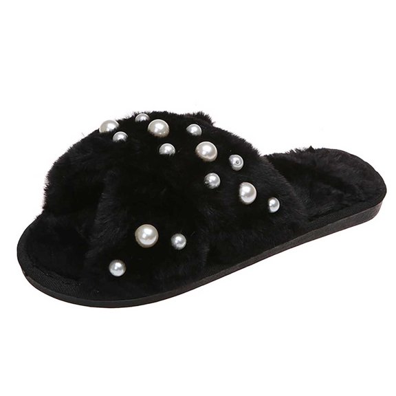 Qingpeng Womens Open Toe Twisted Band Plush Slide Slippers Cozy Soft Indoor House Shoes with Scattered Pearl Embellishment for Winter