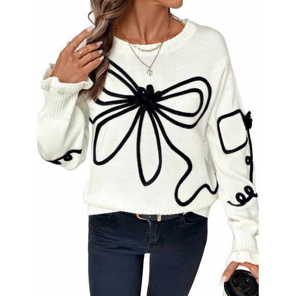 Women'S Cute Crewneck Pullover Sweater Bell Cuff Fall Long Sleeve Loose Chunky Knit Jumper Tops White L