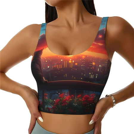 Qekee Cat Watching City Sunset for Removable Pads Sports Bra  Crop Tank Top  Womens  Sports Bra Long Style Without Steel Rims-Large