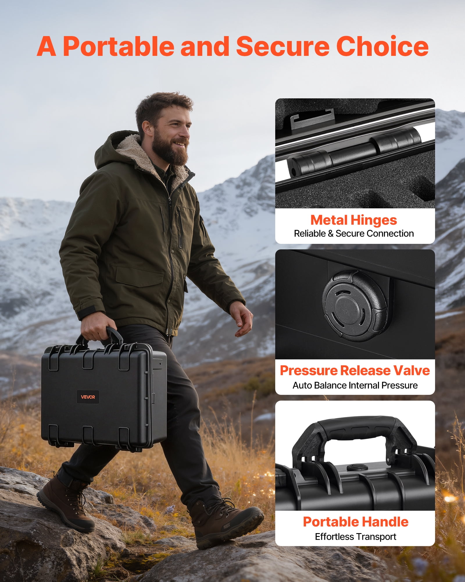 VEVOR Hard Pistol Case, Heavy Duty Hard Gun Case with XPE Foam Lining, Waterproof Pistol Storage Box with Customizable Interior & Handle for Gun, Lenses, Camera, Gear, TSA Compliant, 18.7x12.5x7.5 in