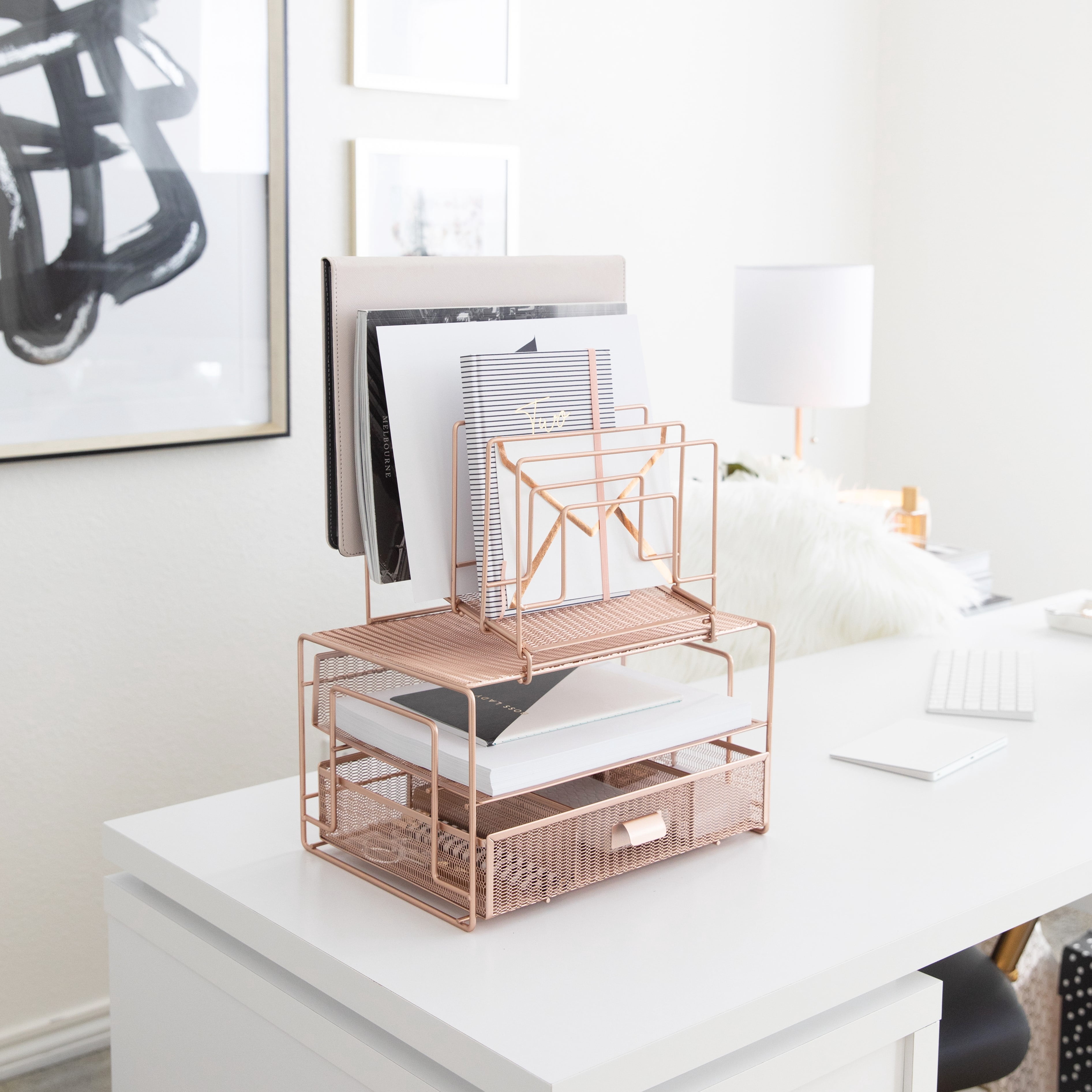 Blu Monaco Workspace Rose Gold Desk Organizer and Accessories Desktop Rack with File sorters and Drawer for Office Supplies, Paper, Device and Folder