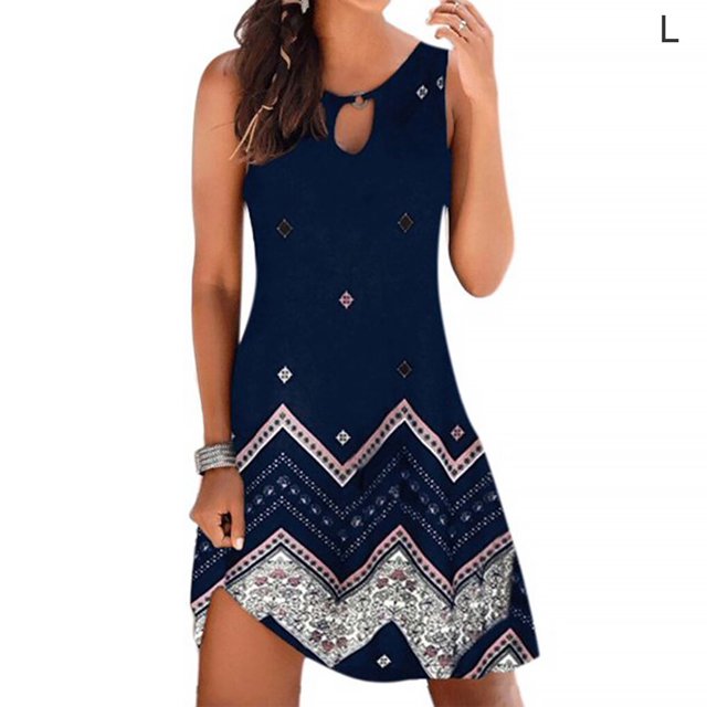 Robe Bohème Femme Vêtements de Plage Robe Mini Sans Manches, Robe Mini Bleu Marine, Rayé, L