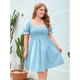 thumbnail image 4 of Plus Size Women Casual Dress Square Neck Puff Sleeve Smocked Waist Flowy Short Dress for Vacation Blue 4XL, 4 of 8