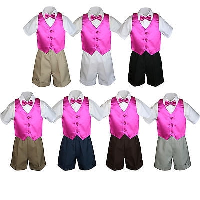 4pc Set Boy Toddler Formal Fuchsia Vest and Bow tie White Navy Khaki Shorts S-4T