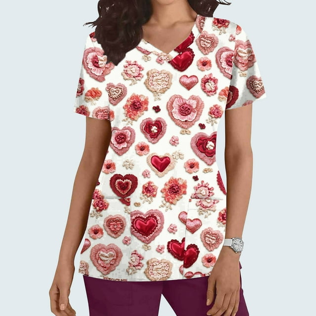 Soki Tuniques d'Infirmière pour Femmes Décontractées à Col en V, Imprimé Graphique de la Saint-Valentin, Manches Courtes, avec Poche