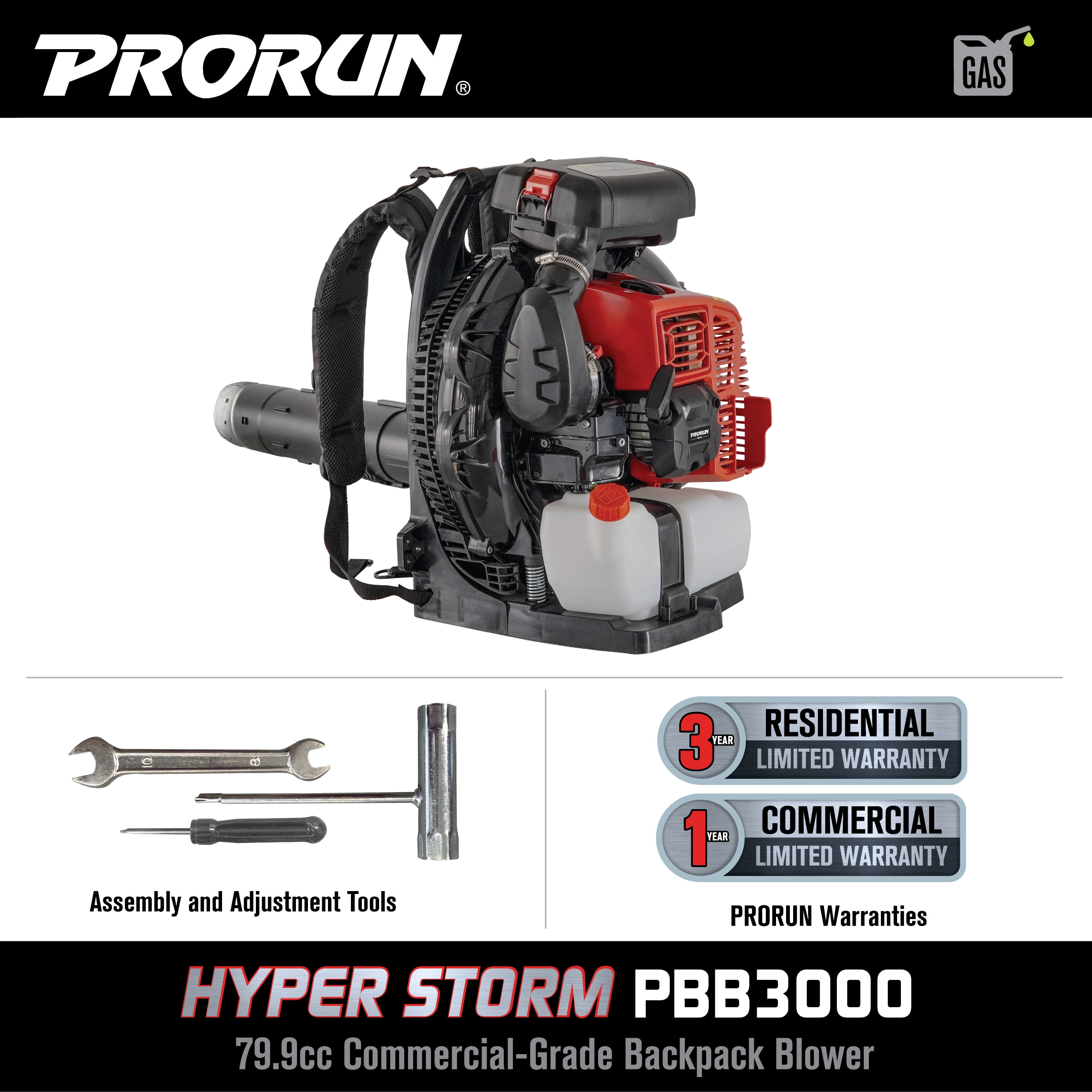 PRORUN PBB3000 Gas Backpack Leaf Blower, 79.9cc Commercial-Grade, 250 MPH, 1125 CFM