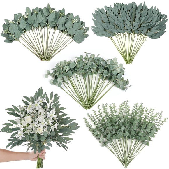 Hojas de eucalipto artificiales en forma de corazón, 120 unidades, color verde