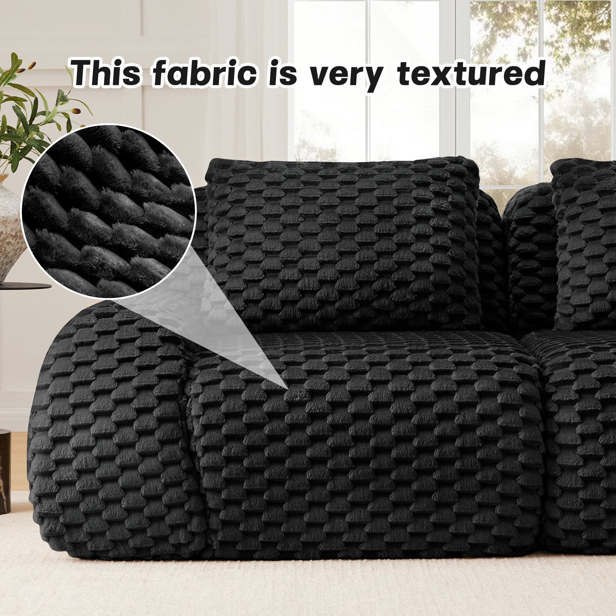 MAYEERTY 146" L-Shaped Modular Couch, Textured Flannelette, Movable Ottoman, Anti-Slip, No Assembly, Black