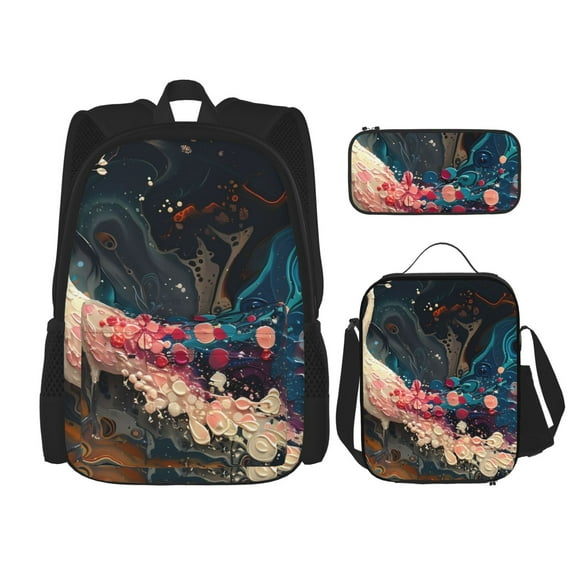 Easygdp Abstract Peacock Painting Mochila para Niños y Niñas con Set de Caja de Almuerzo y Estuche para Lápices 3 en 1, Mochila Escolar Estampada para Adolescentes
