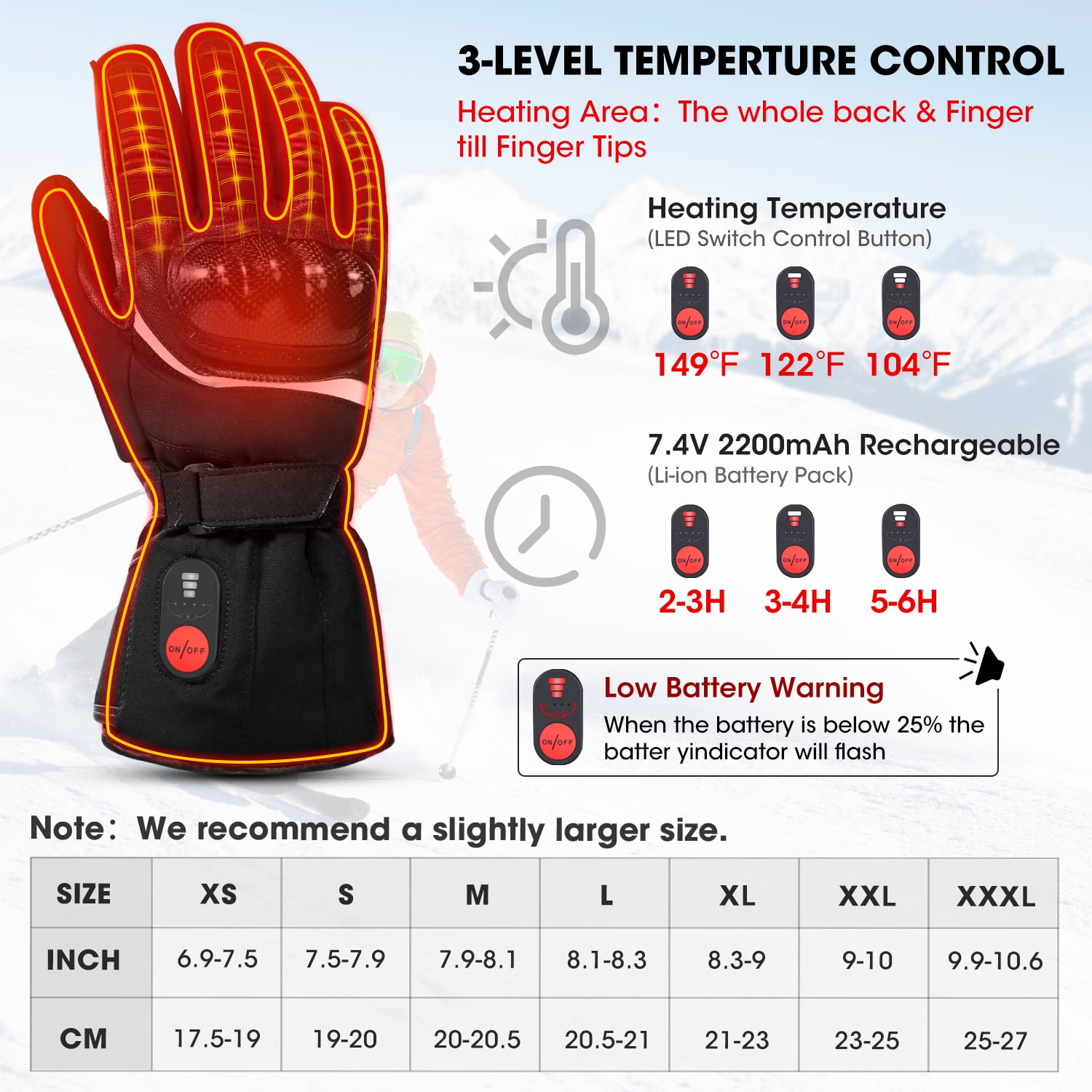 Snow Deer Heated Gloves for Men Women Rechargeable Electric Heated Gloves Heated Skiing Glove for Snowboarding Motocycle Gloves