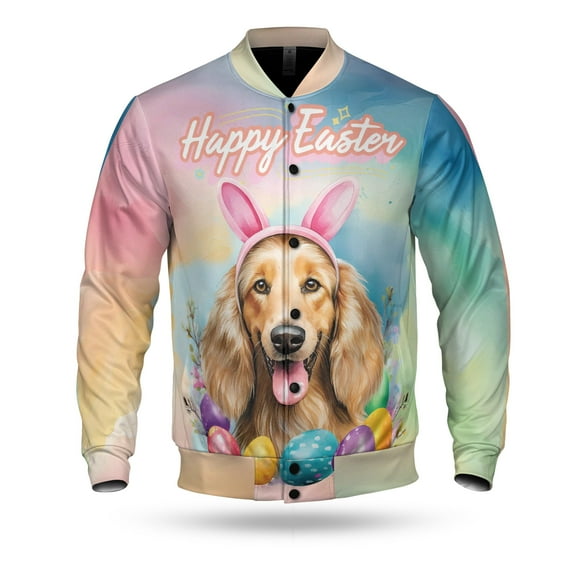 Happy Easter Afghan Hound with Bunny Ear Headband and Flowers All Over Print 3D Baseball Jacket Dog Lover Bomber Jacket Softball - 13001