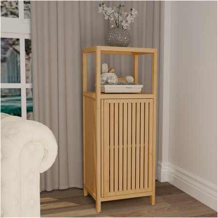JERFIT 41 Inch Bamboo Storage Cabinet with Door and Shelves, Freestanding Tall Linen Tower Organizer for Bathroom, Bedroom, Kitchen, Natural