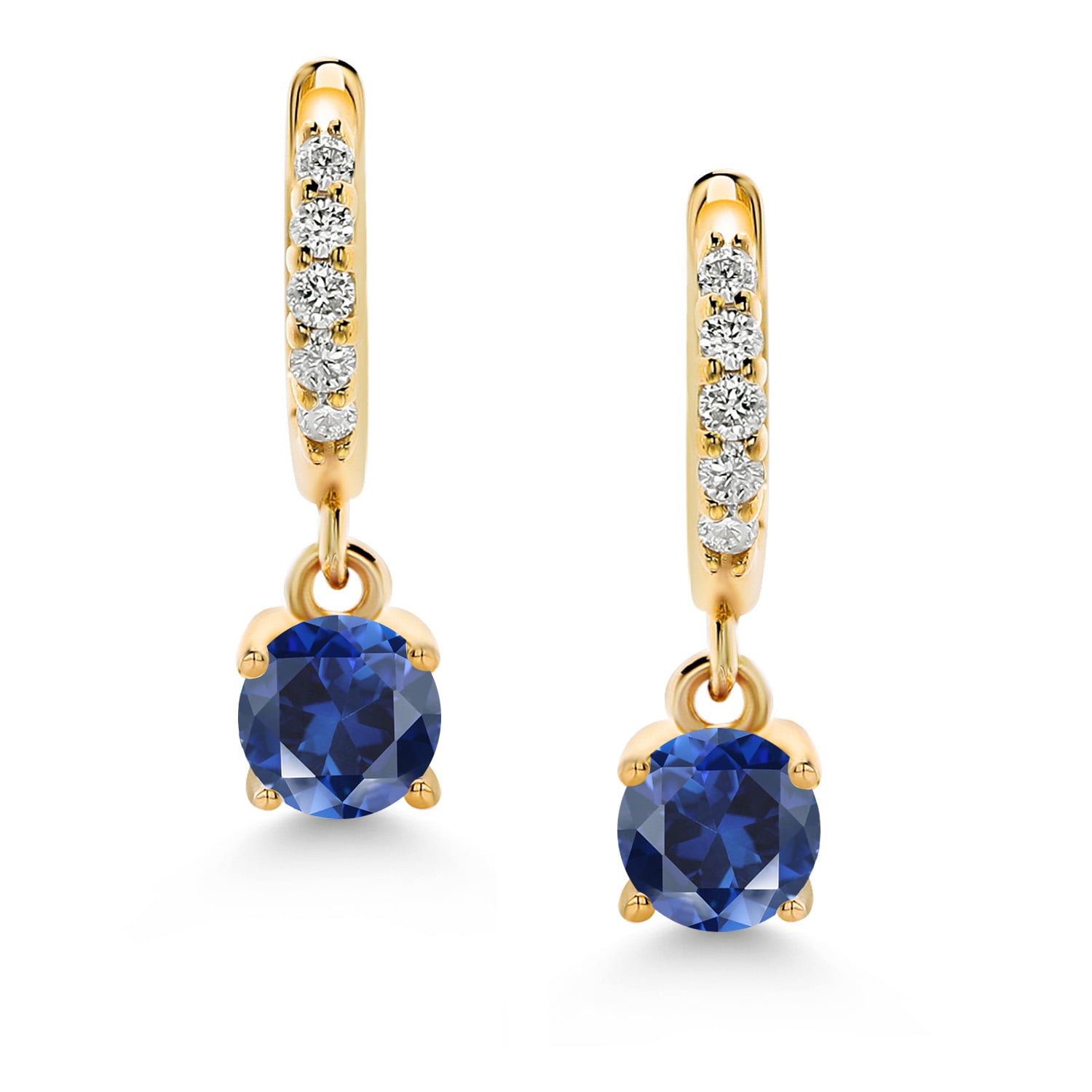 Gem Stone King 10K Yellow Gold Blue Created Sapphire and White Lab Grown Diamond Dangle Drop Huggie Hoop Earrings for Women (0.60 Cttw, Gemstone September Birthstone, Round 4MM)