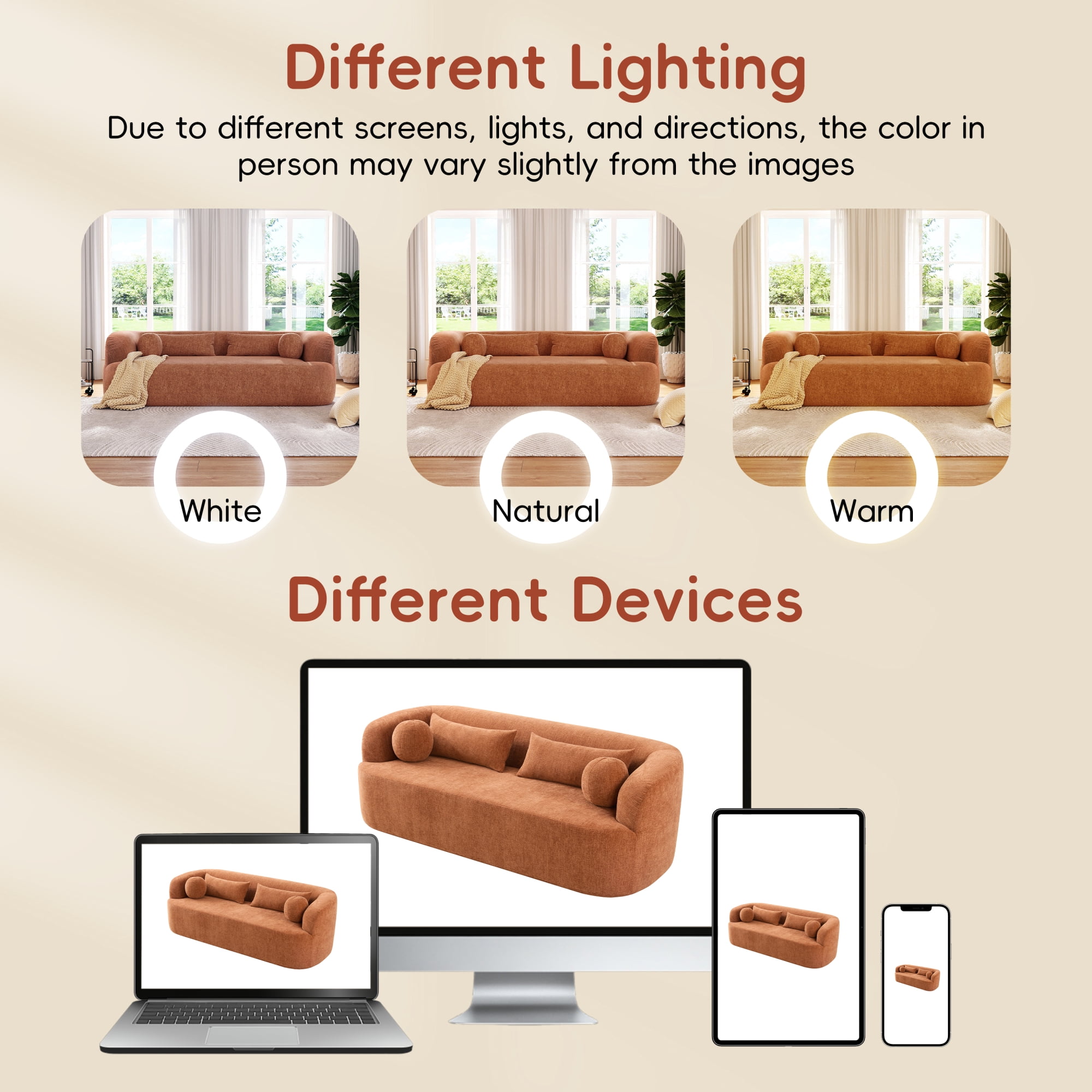 Leumius 86" Chenille Boneless Couch, Upholstered Sofa with Pillows, No Assembly Curved Cloud Couch with High-Density Foam, 3-Seater Luxury Modern Compressed Sofa for Living Room&Apartment Orange