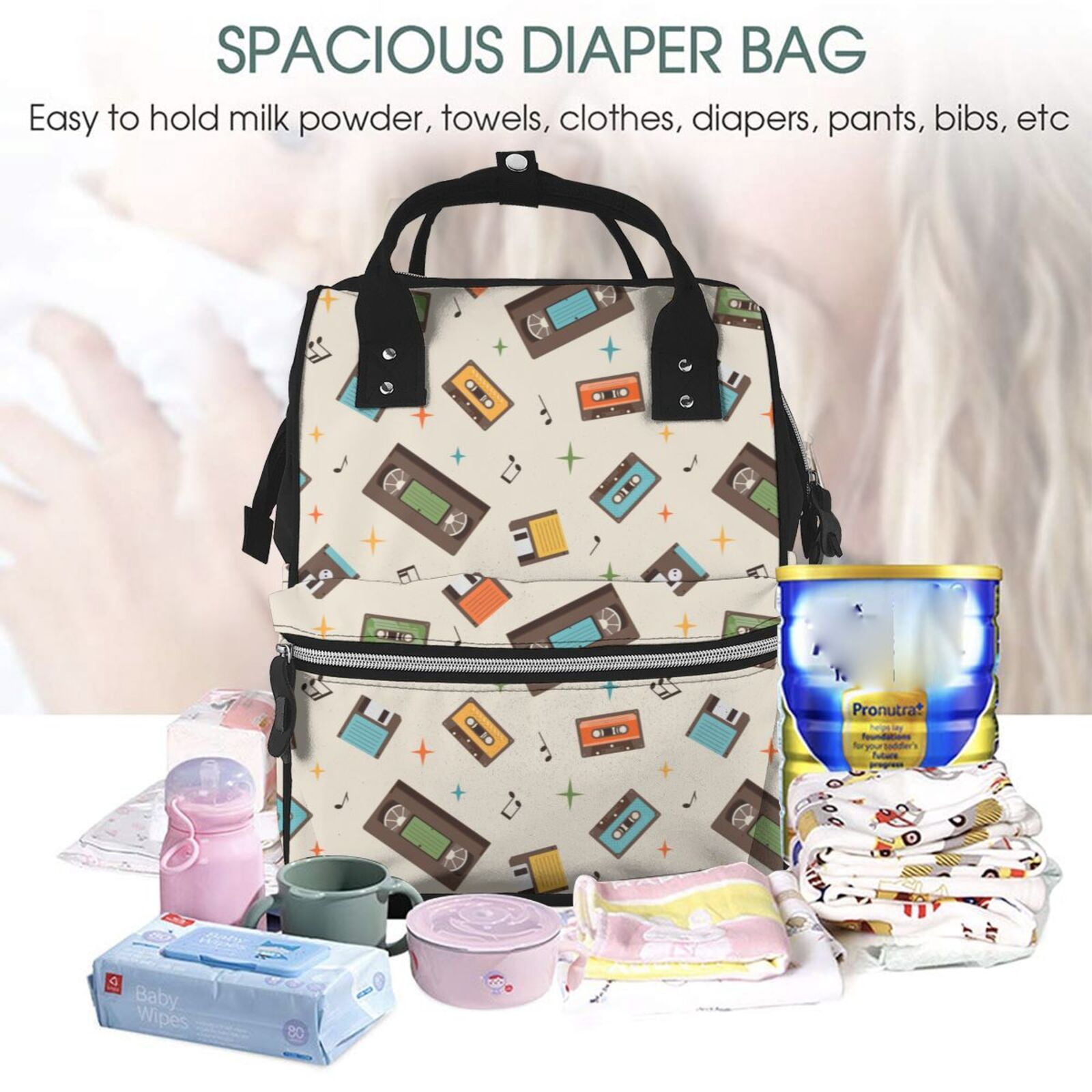 Fuzoiu Retro Vintage Tape Print Diaper Bag Backpack,Baby Essentials Travel Tote,Multi function Waterproof Diaper Bag, Travel Essentials Baby Bag - Unisex